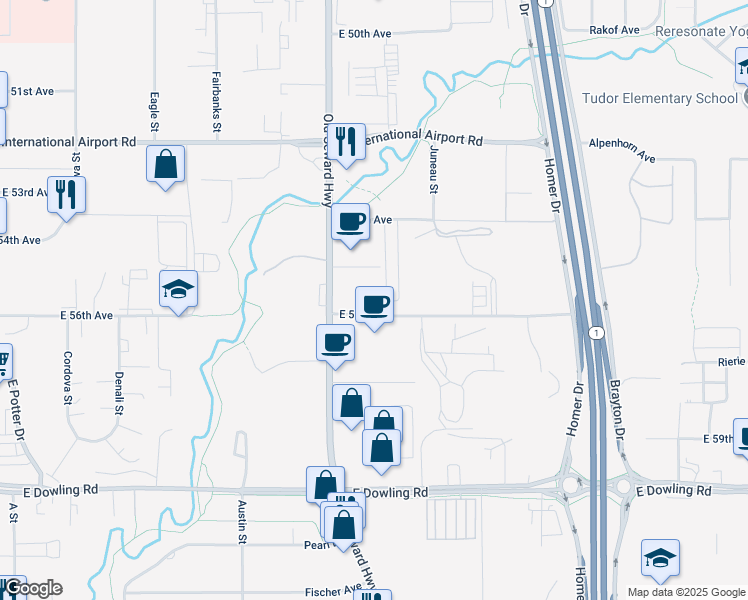 map of restaurants, bars, coffee shops, grocery stores, and more near 849 East 56th Avenue in Anchorage