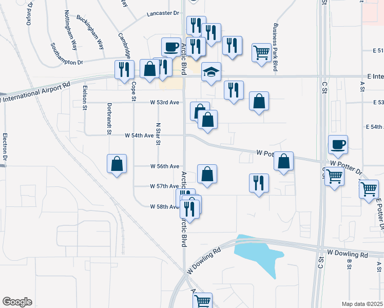 map of restaurants, bars, coffee shops, grocery stores, and more near 800 West 56th Avenue in Anchorage
