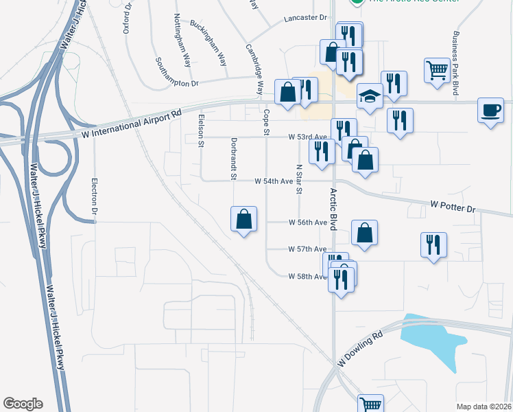 map of restaurants, bars, coffee shops, grocery stores, and more near 5514 Cope Street in Anchorage