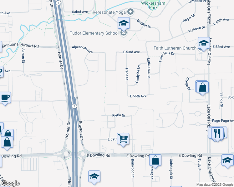 map of restaurants, bars, coffee shops, grocery stores, and more near 5531 Windflower Circle in Anchorage