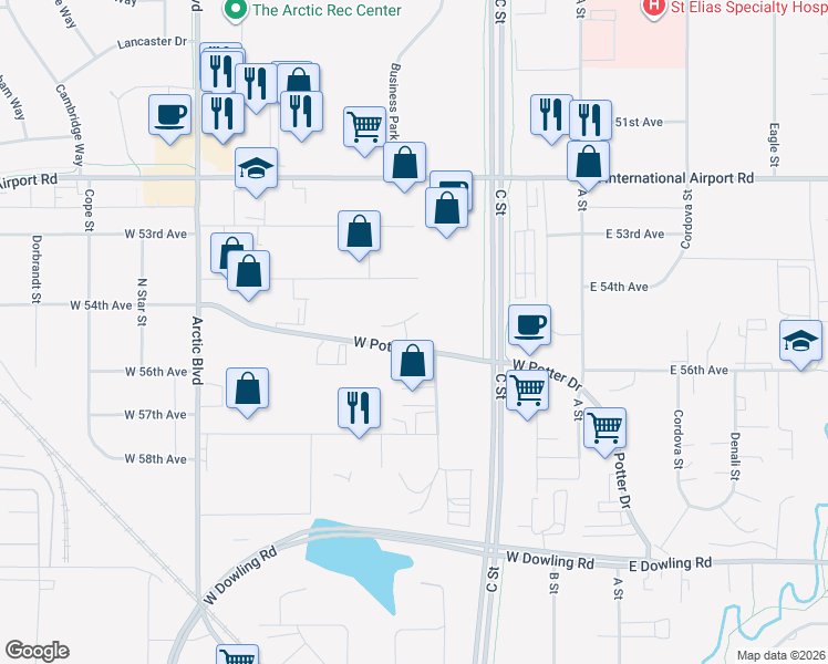 map of restaurants, bars, coffee shops, grocery stores, and more near 5520 Four Winds Drive in Anchorage