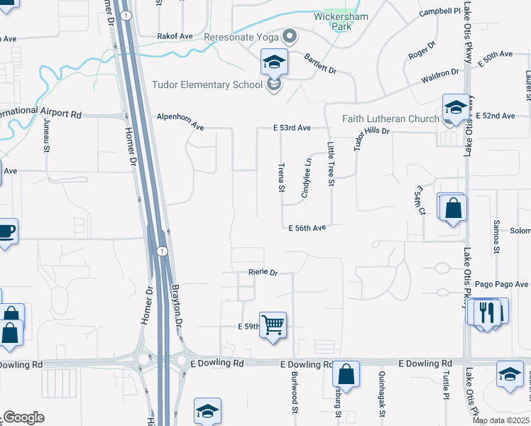 map of restaurants, bars, coffee shops, grocery stores, and more near 5420 Trena Street in Anchorage
