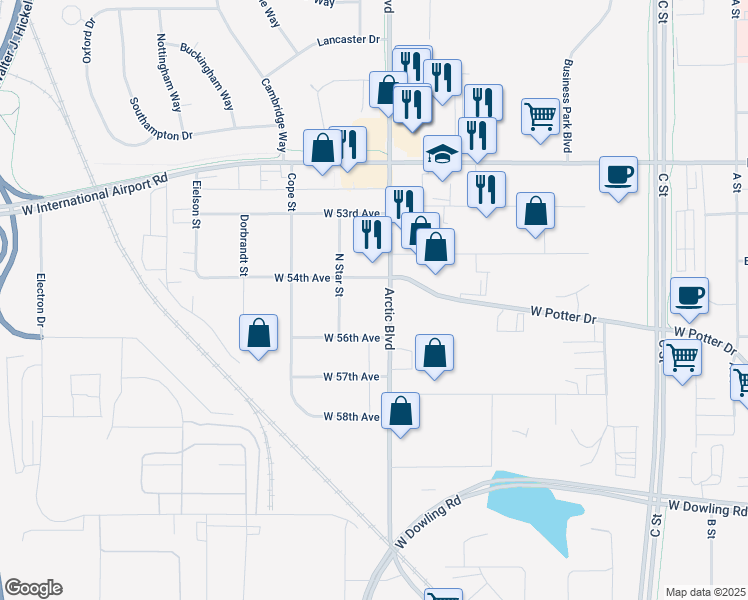 map of restaurants, bars, coffee shops, grocery stores, and more near in Anchorage