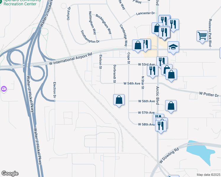 map of restaurants, bars, coffee shops, grocery stores, and more near 5411 Eielson Street in Anchorage
