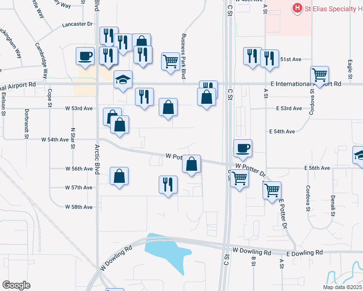 map of restaurants, bars, coffee shops, grocery stores, and more near 424 West 54th Avenue in Anchorage