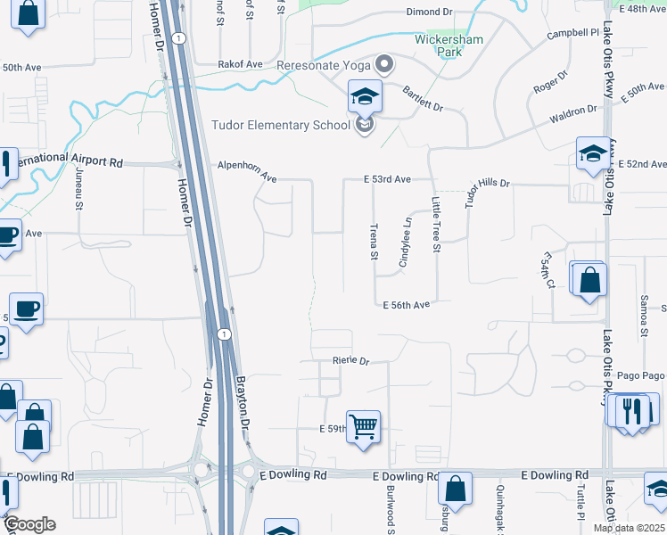 map of restaurants, bars, coffee shops, grocery stores, and more near 5422 Windflower Circle in Anchorage