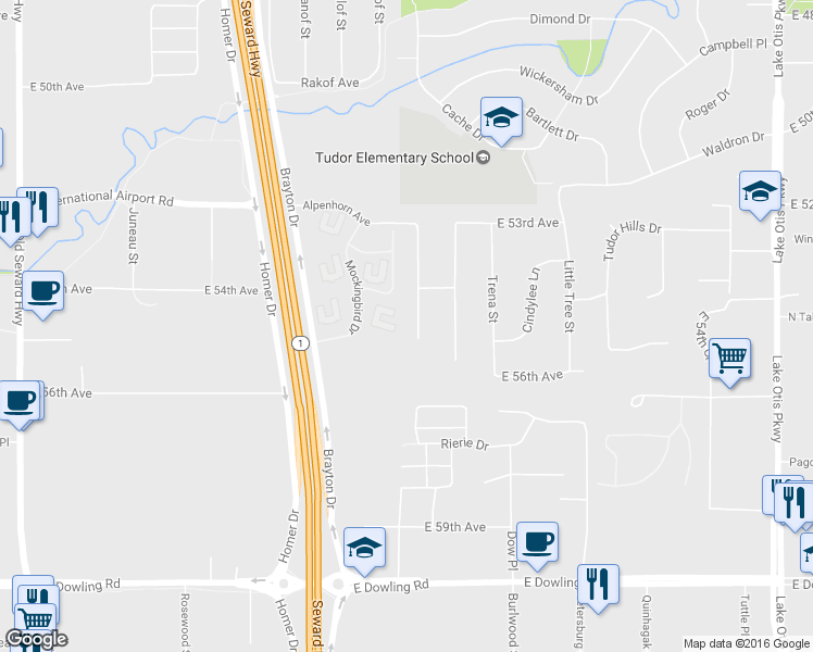 map of restaurants, bars, coffee shops, grocery stores, and more near 5442 Larkspur Circle in Anchorage