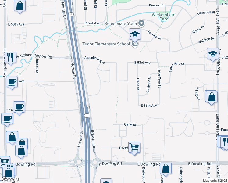 map of restaurants, bars, coffee shops, grocery stores, and more near 5432 Larkspur Circle in Anchorage