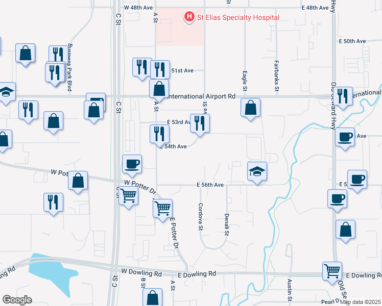 map of restaurants, bars, coffee shops, grocery stores, and more near 224 East 54th Avenue in Anchorage