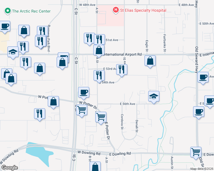 map of restaurants, bars, coffee shops, grocery stores, and more near 140 East 54th Avenue in Anchorage