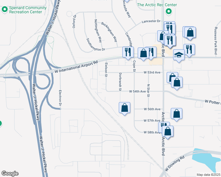map of restaurants, bars, coffee shops, grocery stores, and more near 5411 Eielson Street in Anchorage