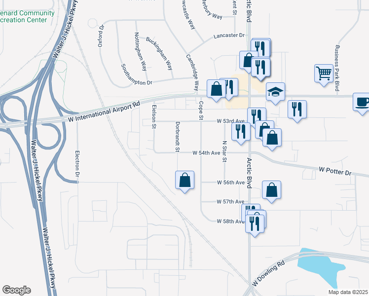map of restaurants, bars, coffee shops, grocery stores, and more near 5311 Dorbrandt Street in Anchorage