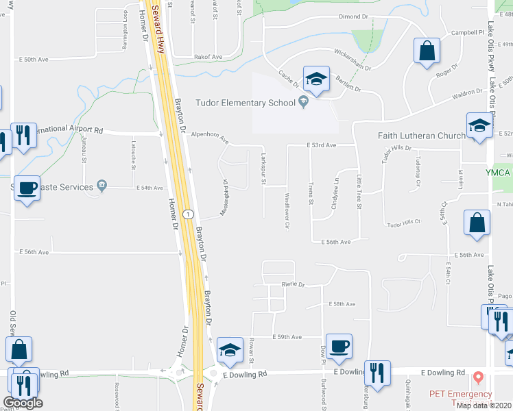 map of restaurants, bars, coffee shops, grocery stores, and more near 5432 Larkspur Circle in Anchorage