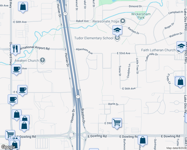 map of restaurants, bars, coffee shops, grocery stores, and more near 5411 Mockingbird Drive in Anchorage