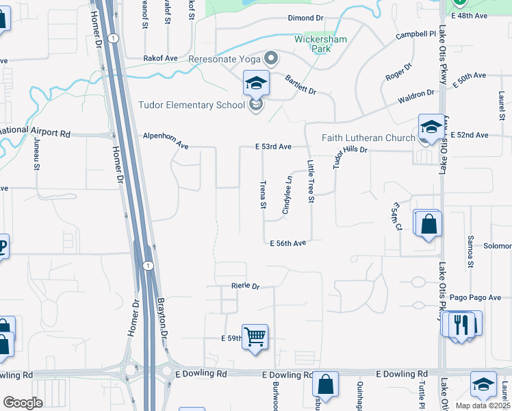 map of restaurants, bars, coffee shops, grocery stores, and more near 5420 Trena Street in Anchorage