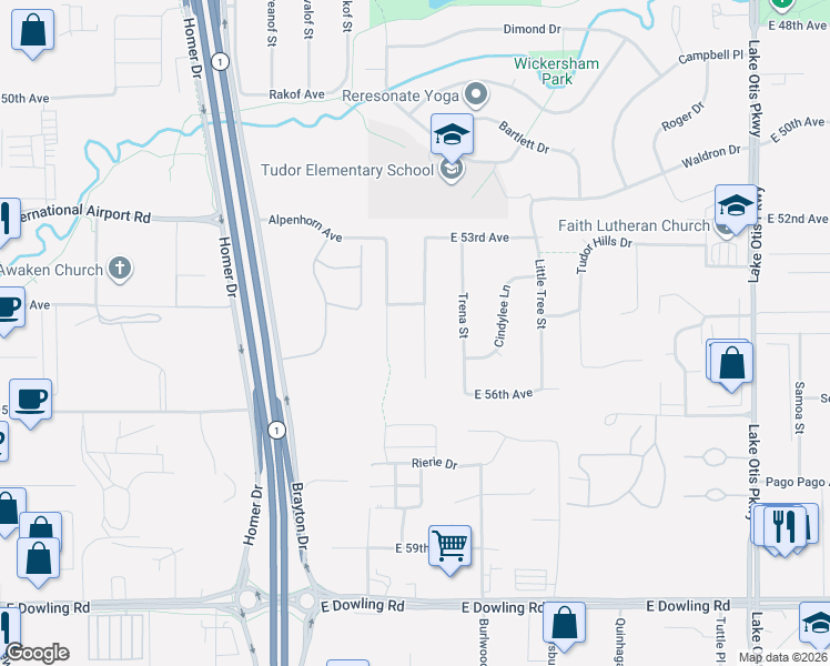 map of restaurants, bars, coffee shops, grocery stores, and more near 5422 Windflower Circle in Anchorage
