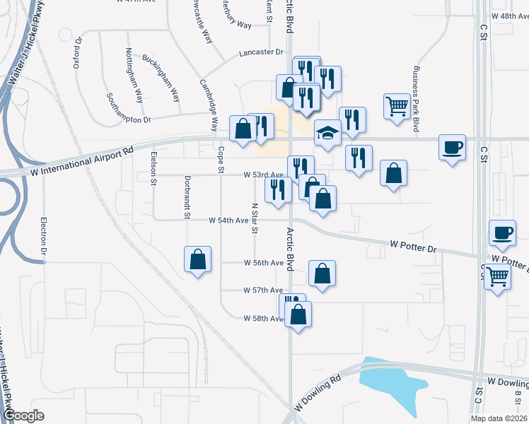 map of restaurants, bars, coffee shops, grocery stores, and more near 831 West 54th Avenue in Anchorage