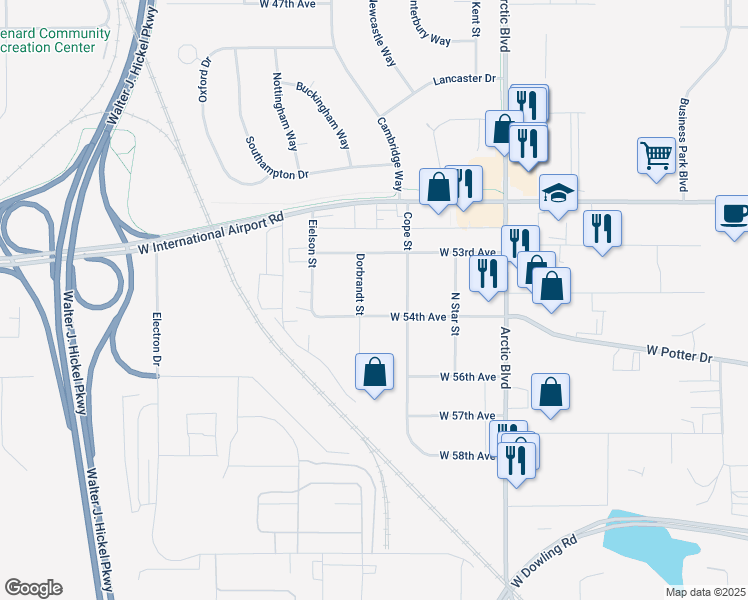 map of restaurants, bars, coffee shops, grocery stores, and more near 5311 Dorbrandt Street in Anchorage