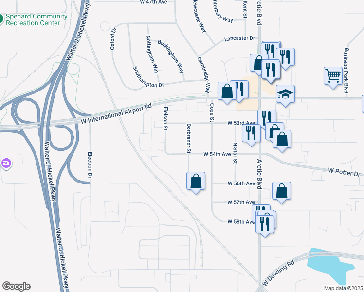 map of restaurants, bars, coffee shops, grocery stores, and more near 5411 Eielson Street in Anchorage