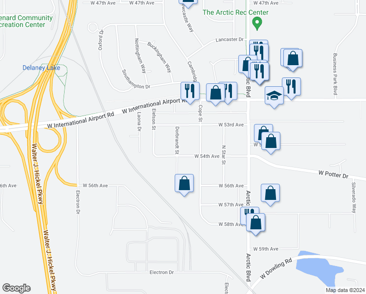 map of restaurants, bars, coffee shops, grocery stores, and more near 5309 Dorbrandt Street in Anchorage
