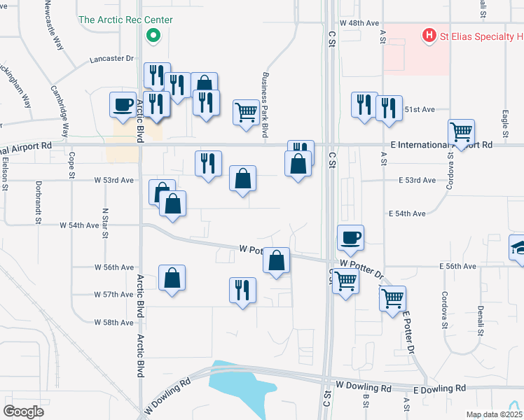 map of restaurants, bars, coffee shops, grocery stores, and more near 424 West 54th Avenue in Anchorage