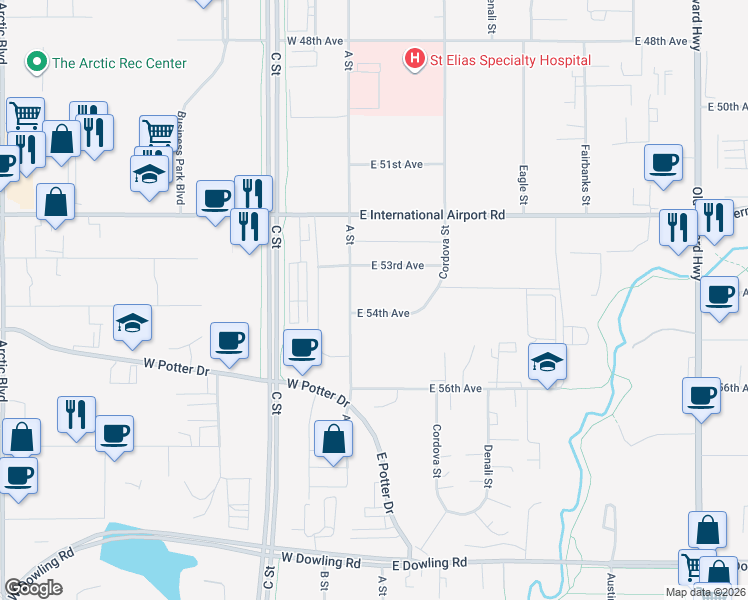 map of restaurants, bars, coffee shops, grocery stores, and more near 140 East 54th Avenue in Anchorage