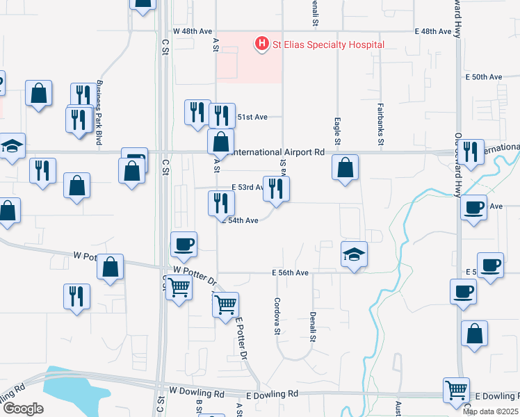 map of restaurants, bars, coffee shops, grocery stores, and more near 224 East 54th Avenue in Anchorage