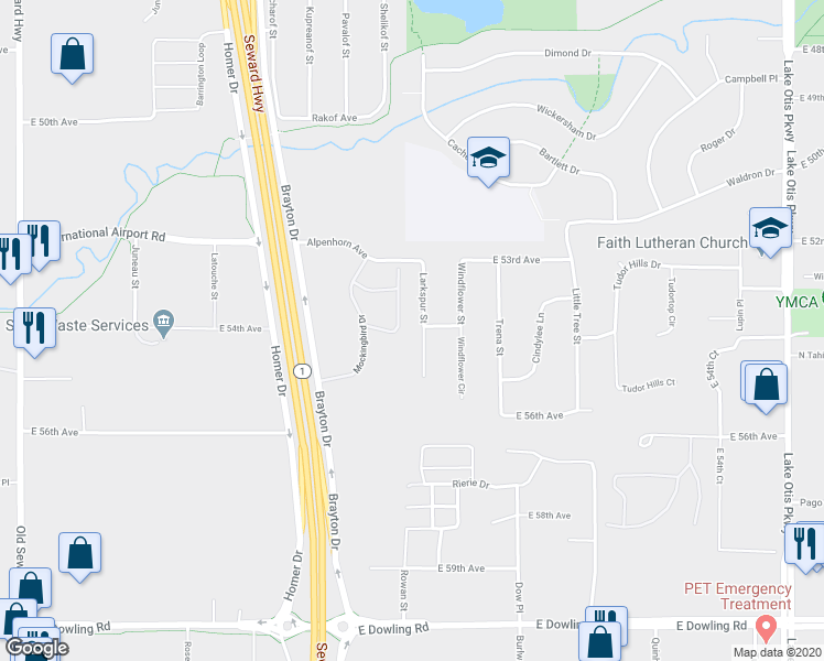 map of restaurants, bars, coffee shops, grocery stores, and more near 5352 Larkspur Circle in Anchorage