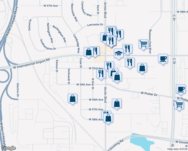 map of restaurants, bars, coffee shops, grocery stores, and more near 831 West 54th Avenue in Anchorage