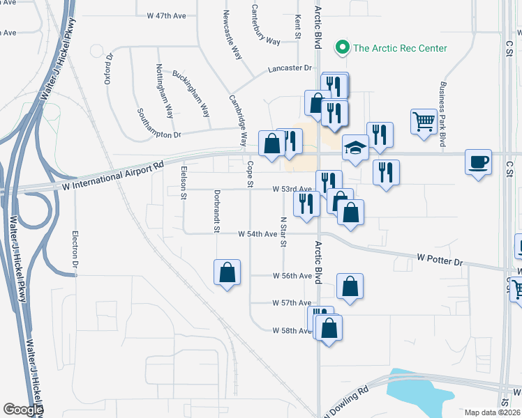 map of restaurants, bars, coffee shops, grocery stores, and more near 5309 Cope Street in Anchorage