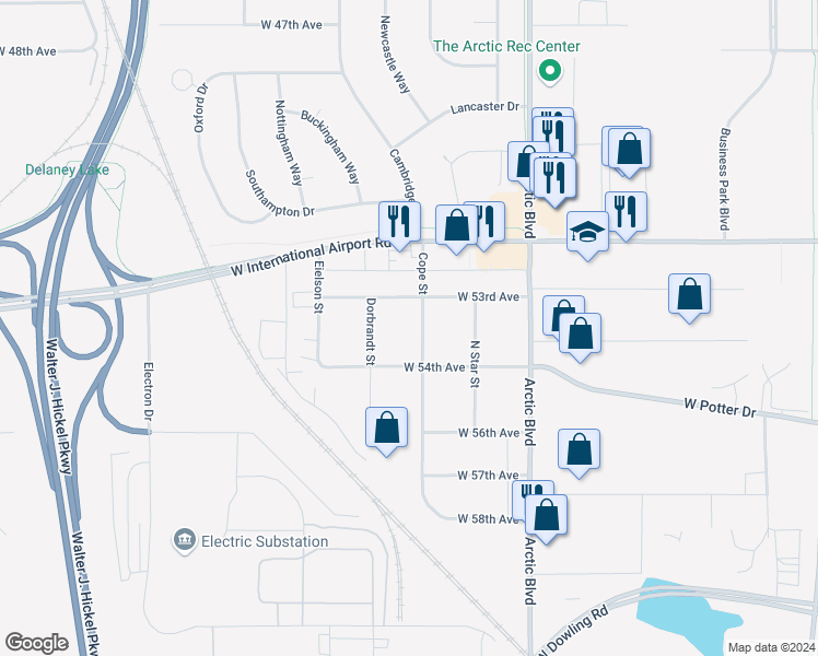map of restaurants, bars, coffee shops, grocery stores, and more near 1005 West 54th Avenue in Anchorage