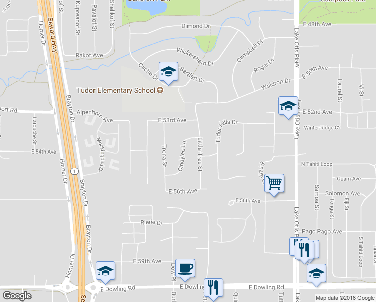 map of restaurants, bars, coffee shops, grocery stores, and more near 1826 Cindylee Lane in Anchorage