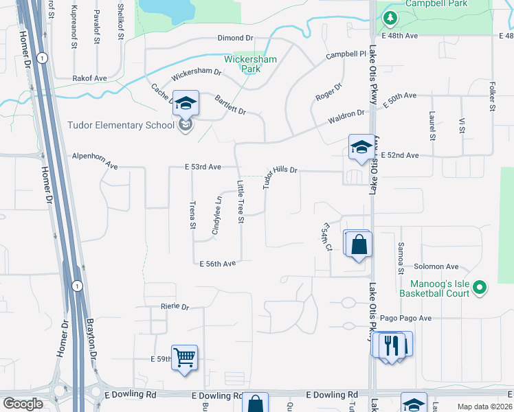 map of restaurants, bars, coffee shops, grocery stores, and more near 2006 Tudor Hills Court in Anchorage