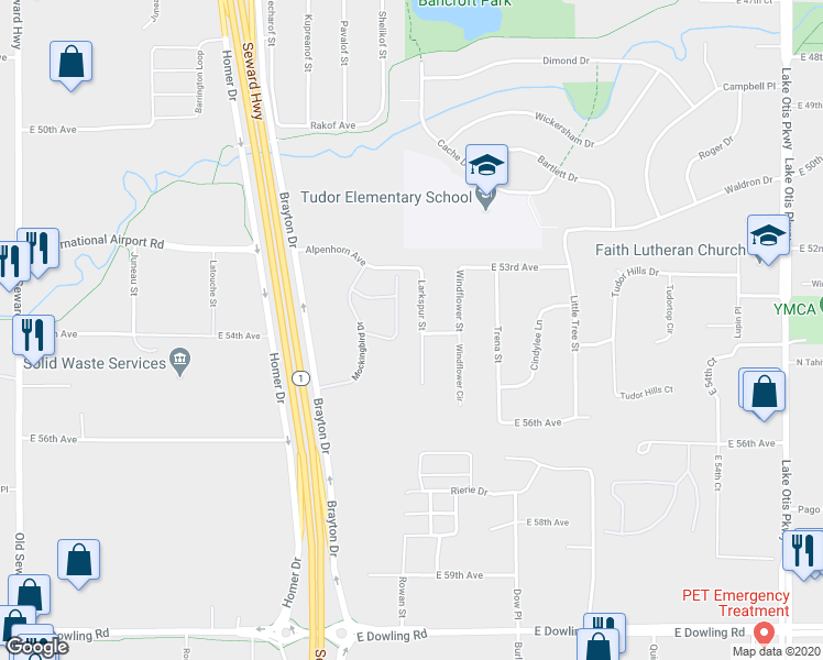 map of restaurants, bars, coffee shops, grocery stores, and more near 5432 Larkspur Circle in Anchorage