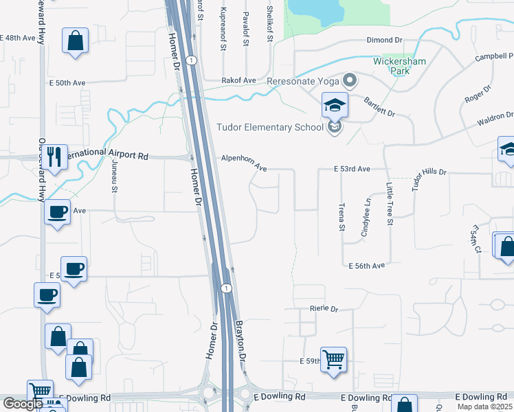 map of restaurants, bars, coffee shops, grocery stores, and more near 5411 Mockingbird Drive in Anchorage