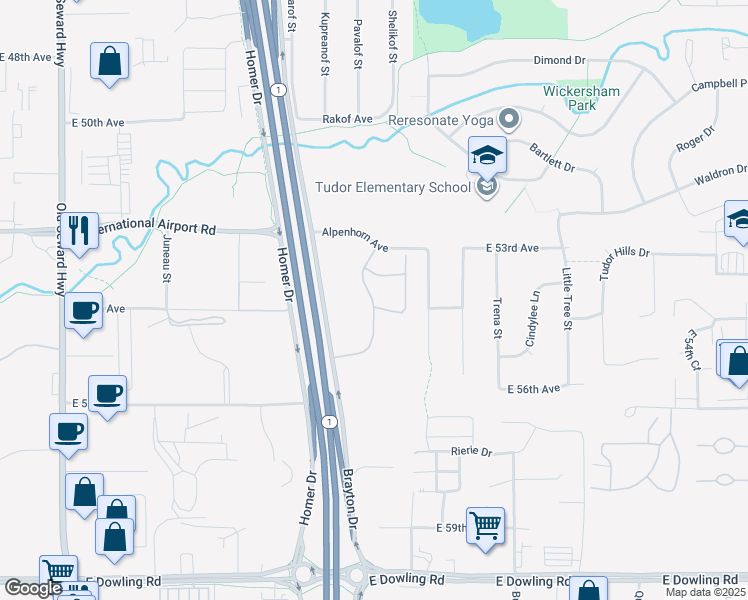 map of restaurants, bars, coffee shops, grocery stores, and more near 5411 Mockingbird Drive in Anchorage