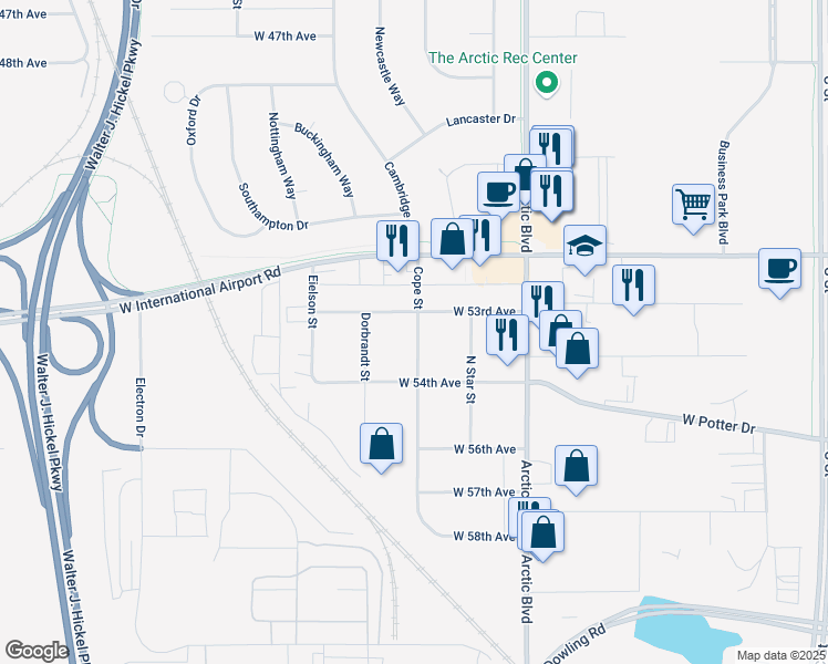 map of restaurants, bars, coffee shops, grocery stores, and more near 1005 West 54th Avenue in Anchorage