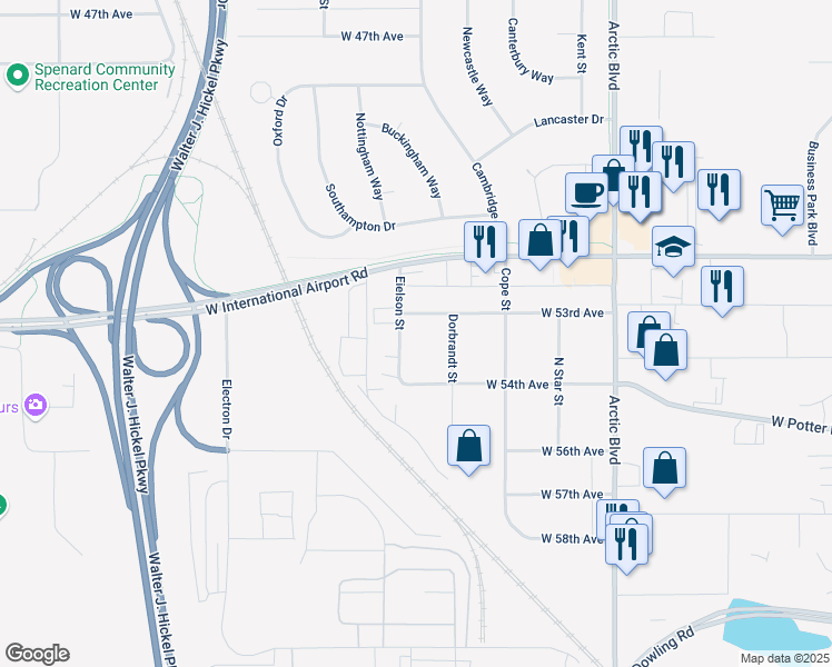 map of restaurants, bars, coffee shops, grocery stores, and more near 5411 Eielson Street in Anchorage