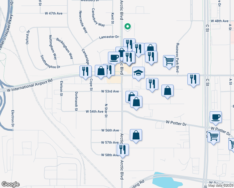 map of restaurants, bars, coffee shops, grocery stores, and more near in Anchorage