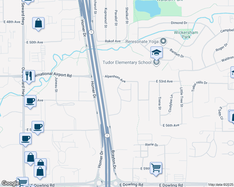 map of restaurants, bars, coffee shops, grocery stores, and more near 5215 Mockingbird Drive in Anchorage