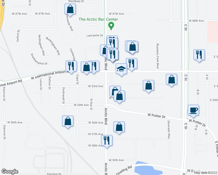 map of restaurants, bars, coffee shops, grocery stores, and more near 5313 Arctic Boulevard in Anchorage
