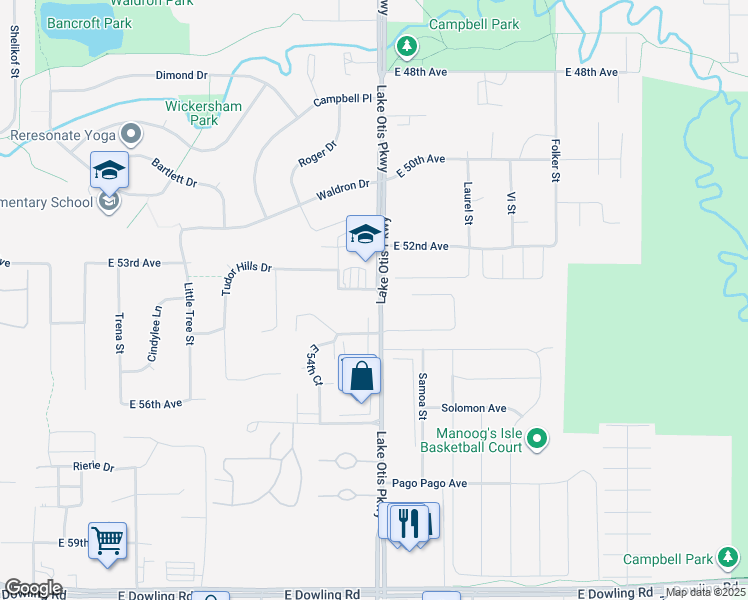 map of restaurants, bars, coffee shops, grocery stores, and more near 2412 Winter Ridge Court in Anchorage