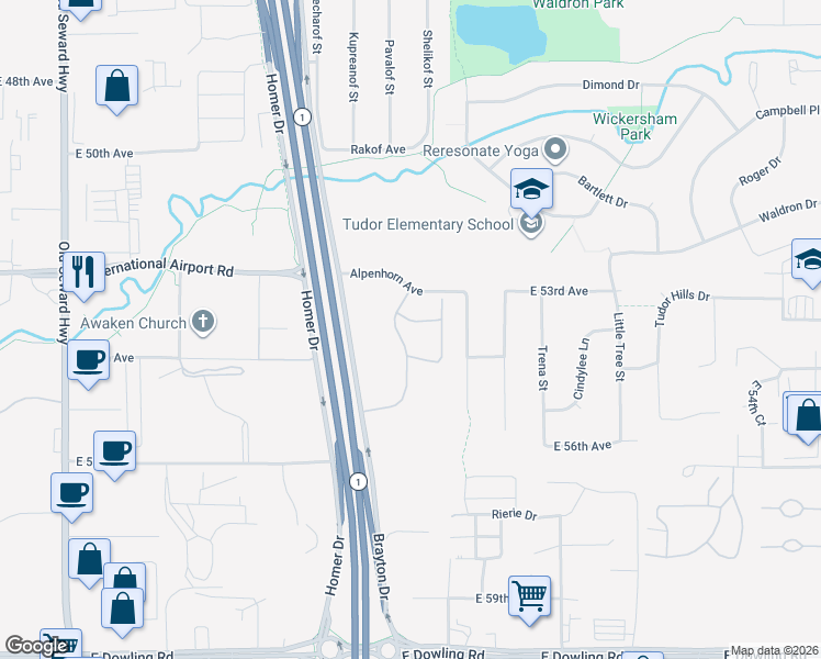 map of restaurants, bars, coffee shops, grocery stores, and more near 5215 Mockingbird Drive in Anchorage