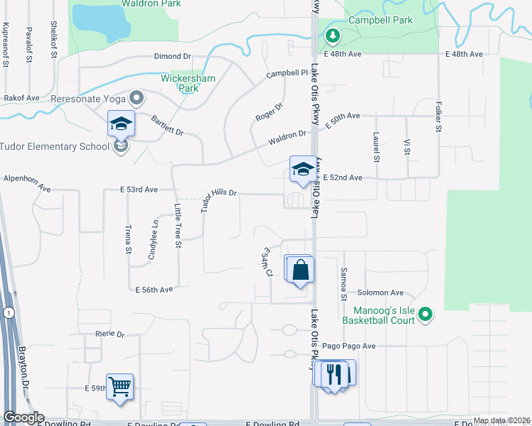 map of restaurants, bars, coffee shops, grocery stores, and more near 5310 Lupin Place in Anchorage