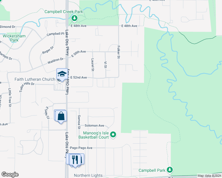 map of restaurants, bars, coffee shops, grocery stores, and more near 2654 Lauren Creek Loop in Anchorage