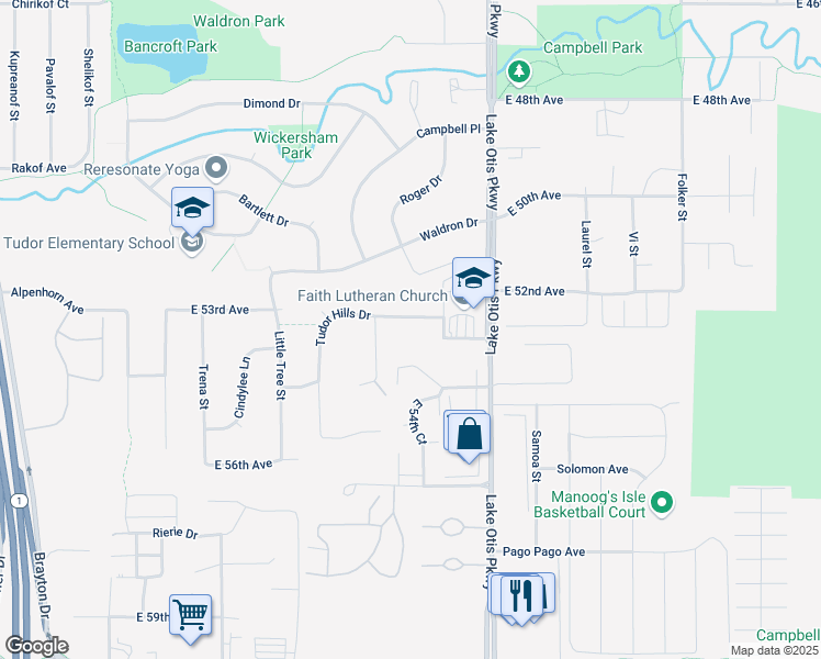 map of restaurants, bars, coffee shops, grocery stores, and more near 2230 East 53rd Avenue in Anchorage