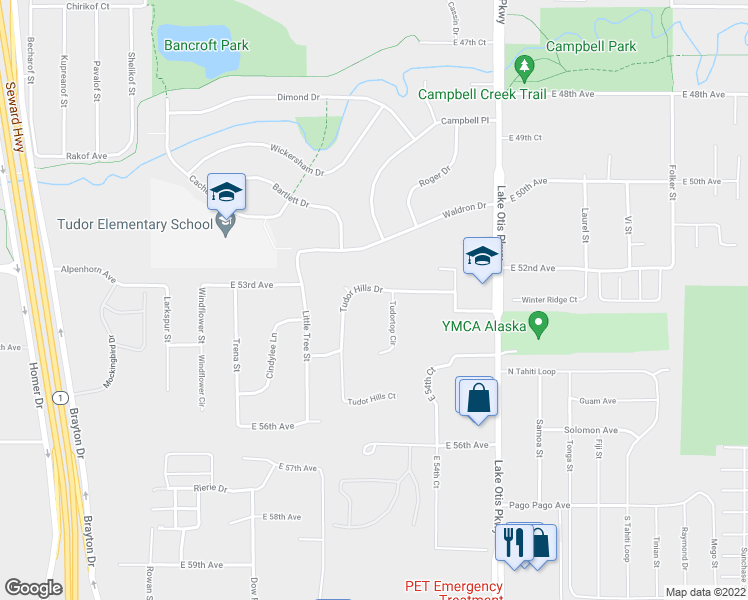 map of restaurants, bars, coffee shops, grocery stores, and more near 2120 Tudor Hills Drive in Anchorage