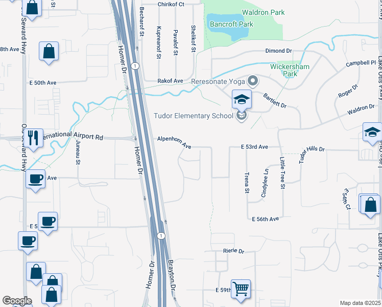 map of restaurants, bars, coffee shops, grocery stores, and more near 5211 Mockingbird Drive in Anchorage