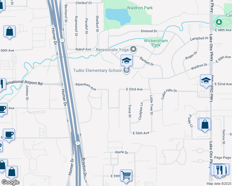 map of restaurants, bars, coffee shops, grocery stores, and more near 5310 Windflower Street in Anchorage