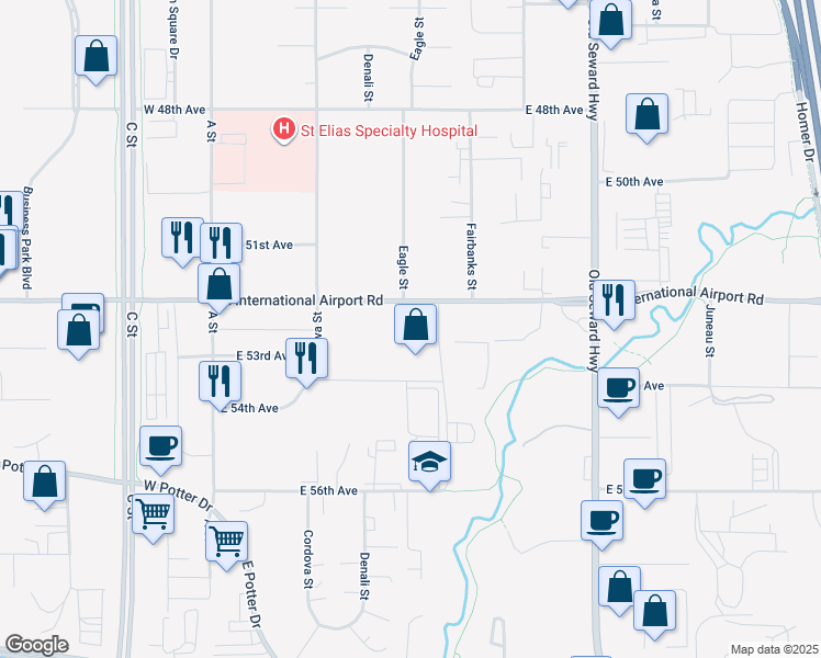 map of restaurants, bars, coffee shops, grocery stores, and more near 360 East International Airport Road in Anchorage